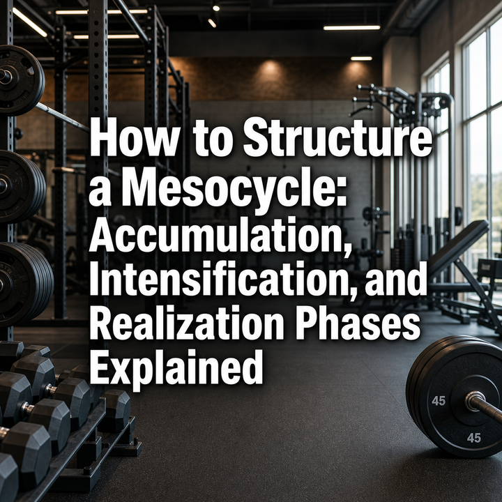 Gym with text: How to Structure a Mesocycle: Accumulation, Intensification, Realization Phases.