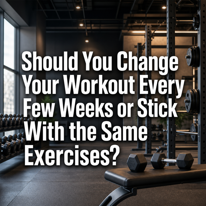 Gym with workout bench, dumbbells, and text: Should You Change Your Workout Every Few Weeks or Stick With the Same Exercises?