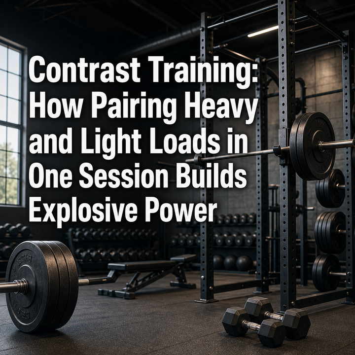 Gym with barbells, dumbbells; title: Contrast Training: Heavy & Light Loads Build Explosive Power.