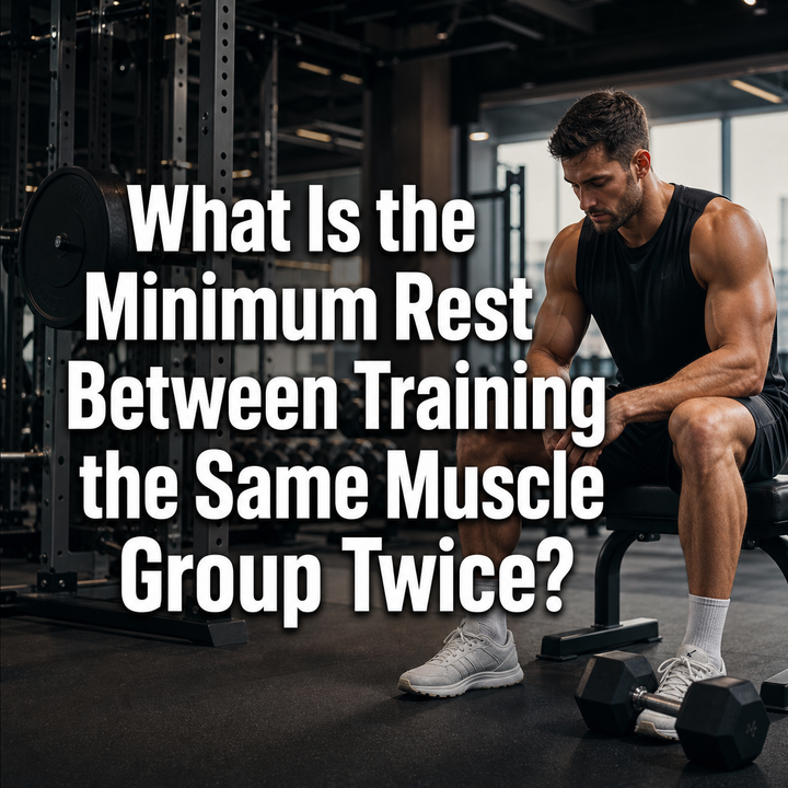 Muscular man resting in a gym, text asks 'Minimum Rest Between Training the Same Muscle Group'.