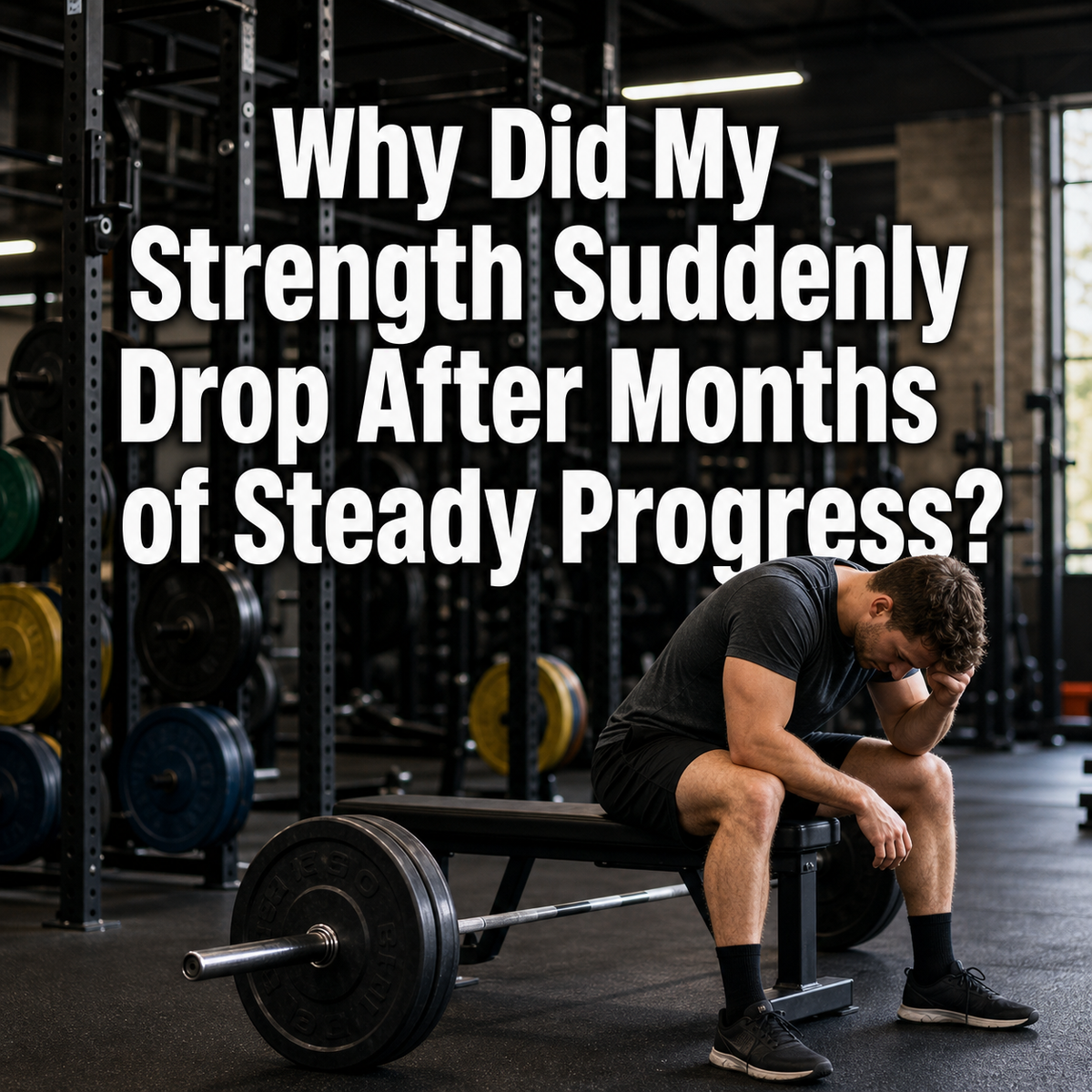 Dejected man on gym bench next to barbell, experiencing sudden strength drop or workout fatigue.