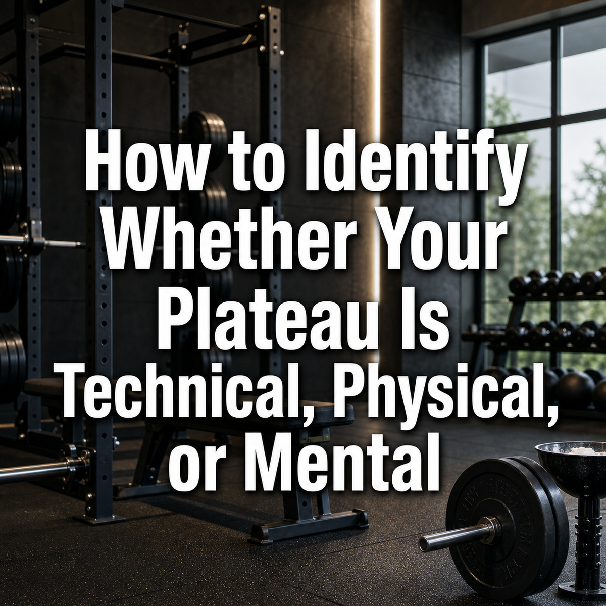 Gym with weight rack, barbell, and text: How to Identify Your Workout Plateau (technical, physical, mental).