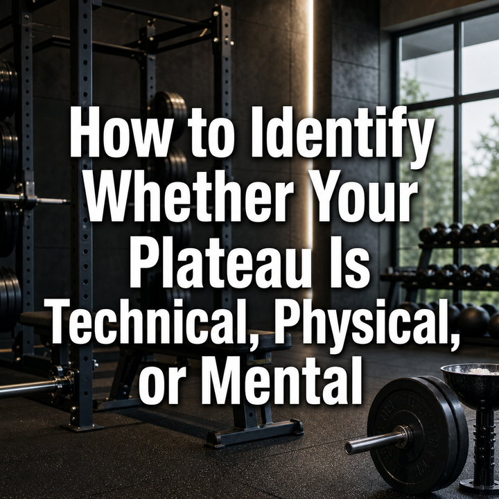 Gym with weight rack, barbell, and text: How to Identify Your Workout Plateau (technical, physical, mental).
