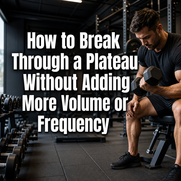 Man lifting a dumbbell to break through a training plateau without more volume or frequency.