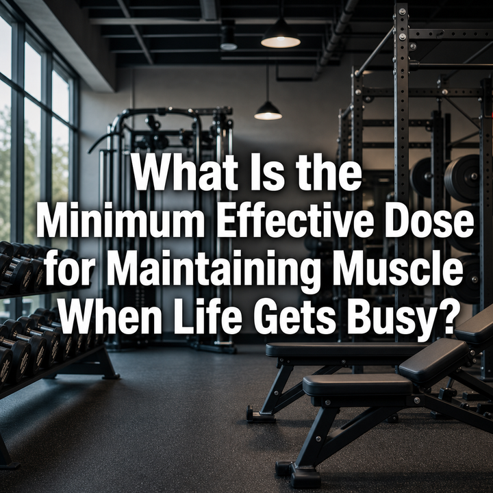 Gym with weights and benches, text: "What Is the Minimum Effective Dose for Maintaining Muscle?