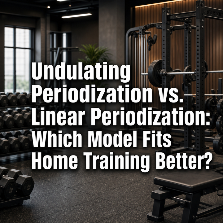 Undulating vs. Linear Periodization for home training, displayed over a modern gym.