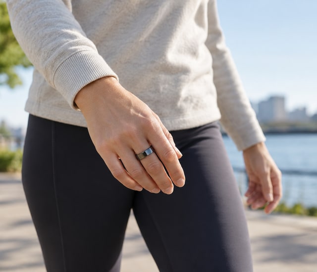 Adult wearing a plain smart ring during an outdoor walk