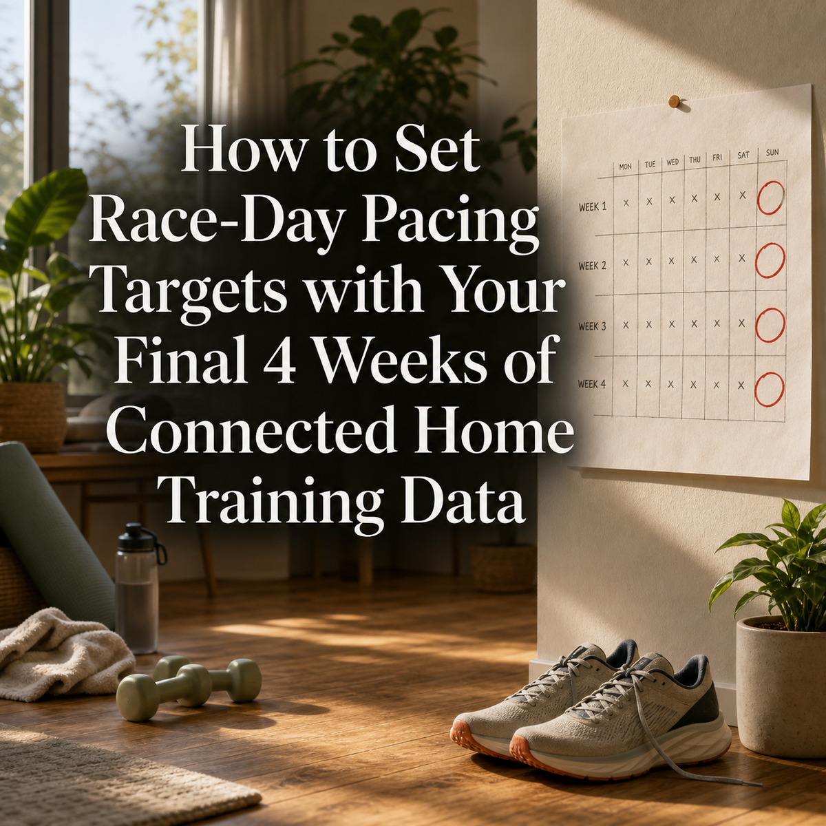 Athlete reviewing four weeks of connected home training data to set race-day pacing targets