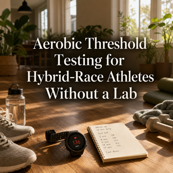 Home aerobic threshold test setup for hybrid-race athlete showing heart rate watch and training notes