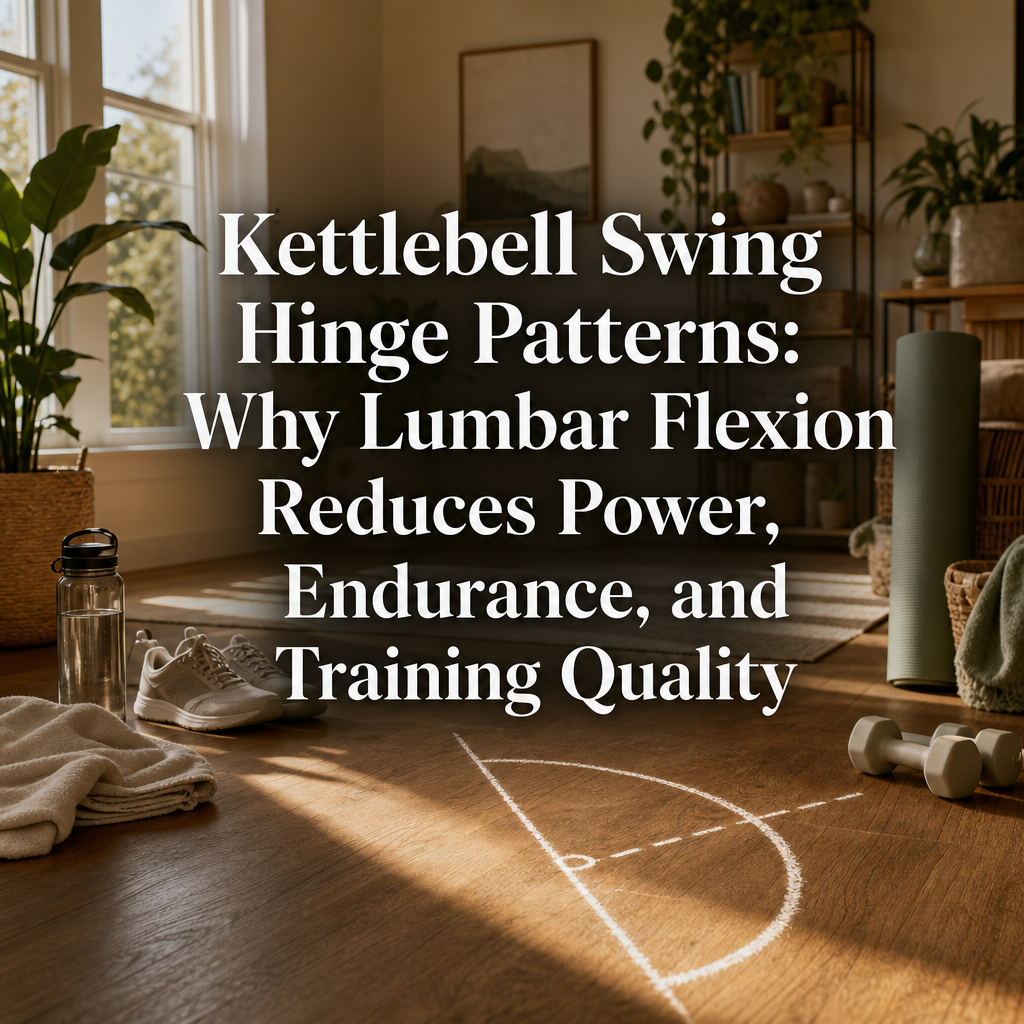 Kettlebell swing hip hinge pattern showing proper lumbar spine stability for sustained power output