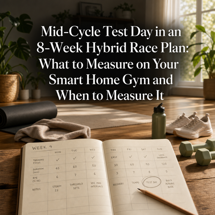 Mid-cycle test day in an 8-week hybrid race training plan on a smart home gym