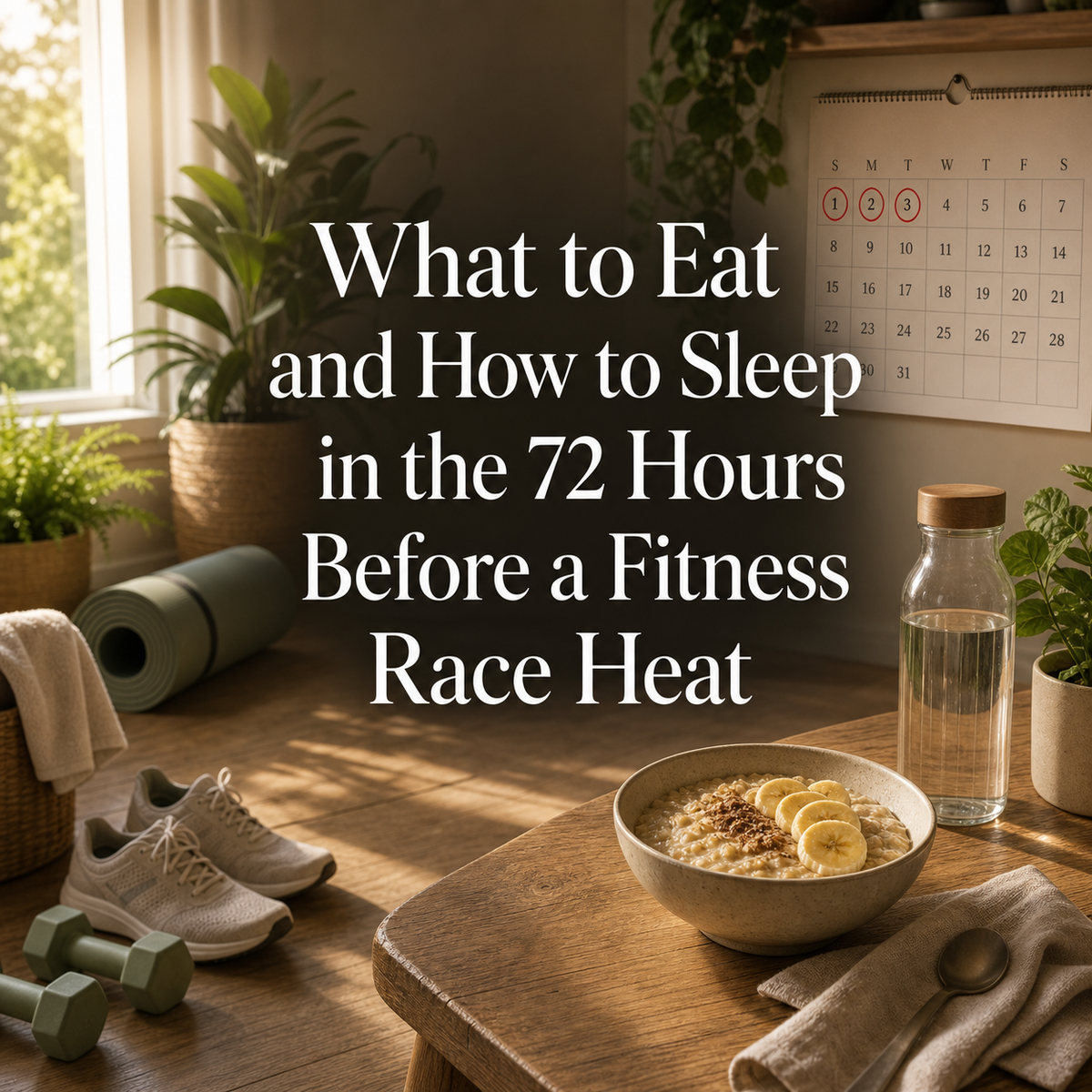 Pre-race preparation setup showing a nutritious meal and calm morning routine in the 72 hours before a fitness race heat