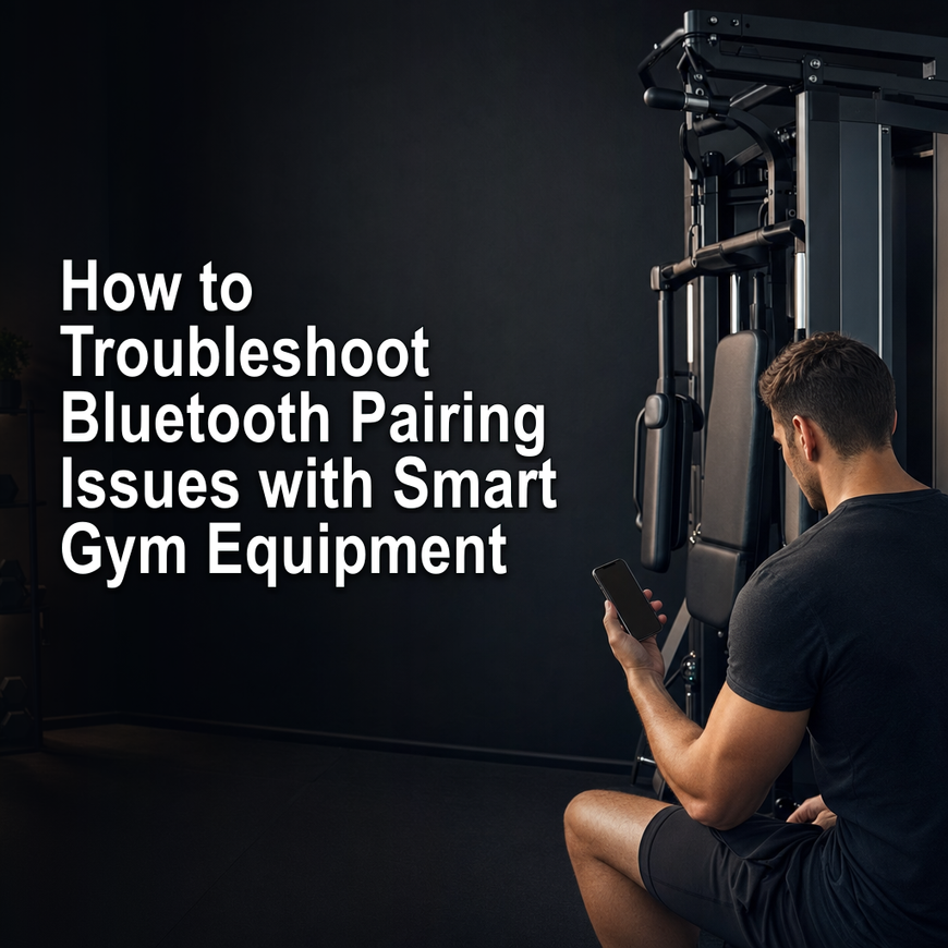 Person troubleshooting a smart gym Bluetooth connection beside a phone