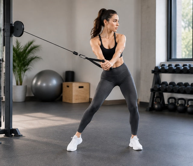 Athlete performing a controlled cable wood chop in a home gym