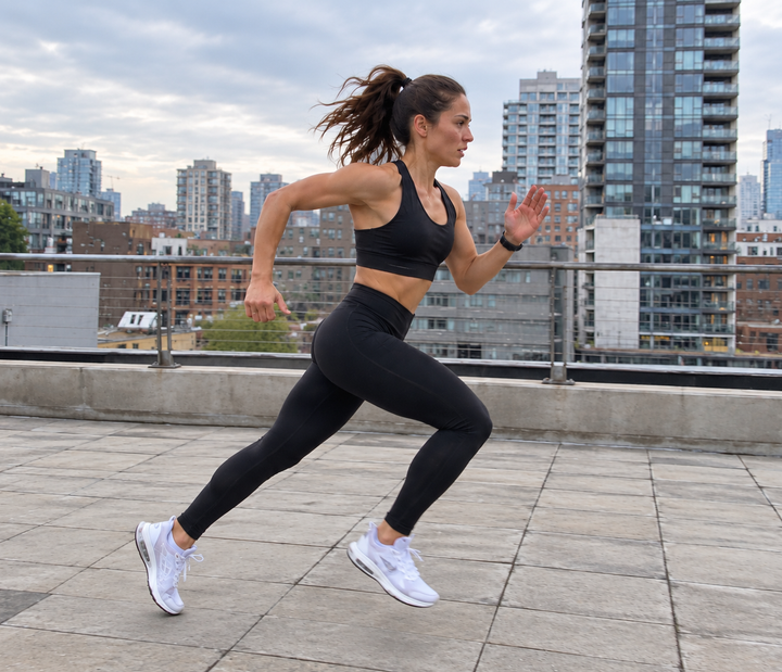 Athlete completing a steady indoor cardio workout while a wearable tracks effort