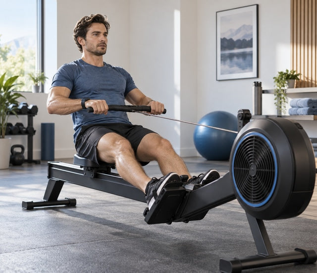 Athlete completing a steady indoor cardio workout while a wearable tracks effort