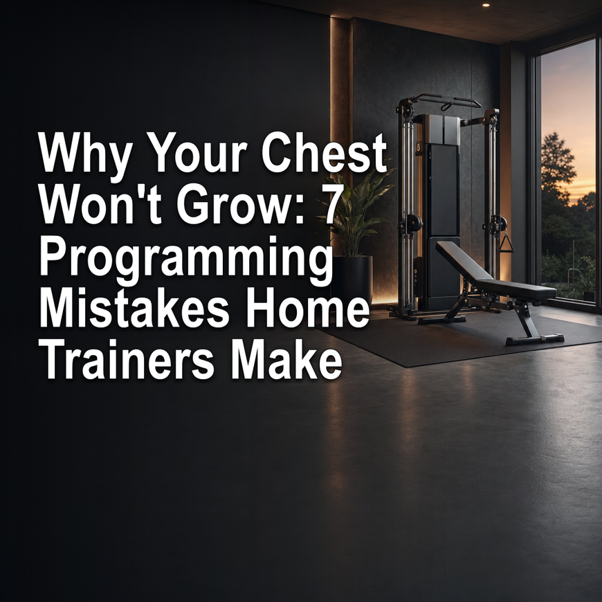 Dark premium home gym with a smart strength training machine ready for a chest workout