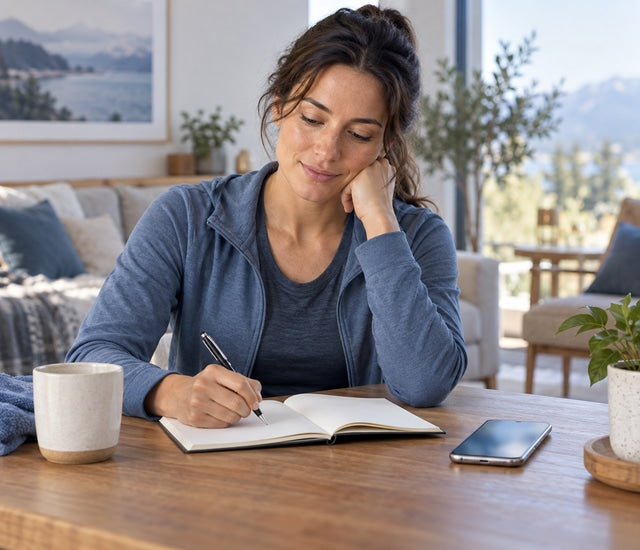 Person calmly reviewing wearable stress and recovery trends in a quiet home setting