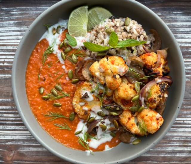 Fitness Recipes: Roasted Cauliflower with Thai Red Curry Romesco & Wild Rice