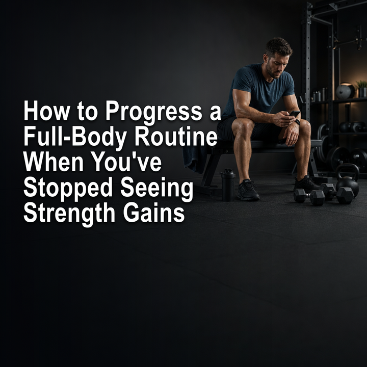 Athlete reviewing a full-body strength training plateau in a home gym