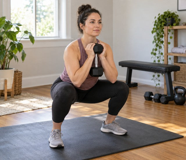 Beginner performing a goblet squat with a light dumbbell at home