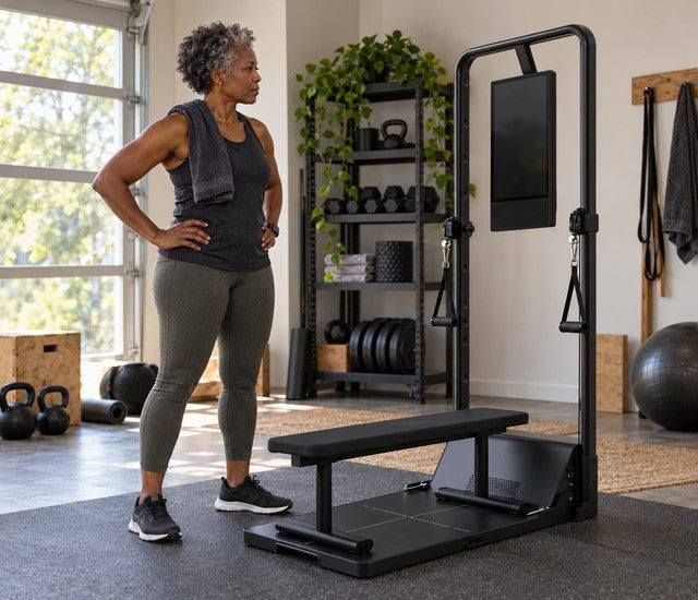 Woman assessing a Speediance Gym Monster 2 before functional fitness training
