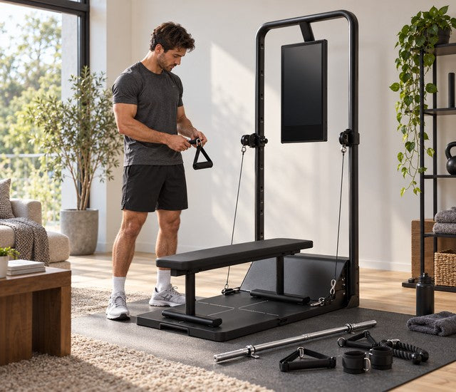 User preparing cable attachments beside a Speediance Gym Monster 2