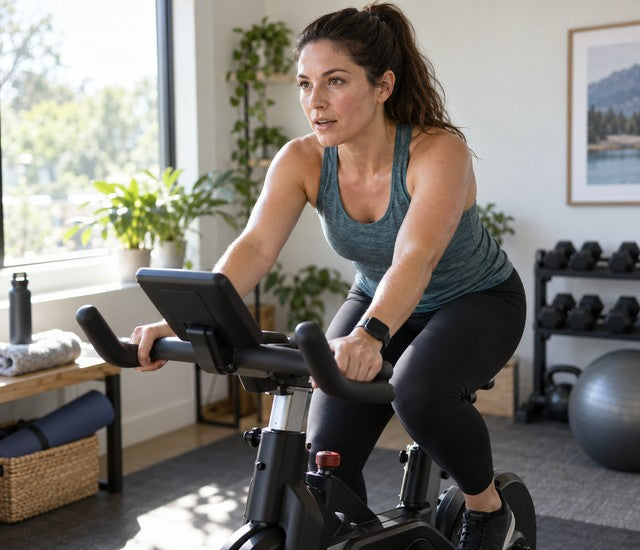 Athlete riding a stationary bike during a low-impact cardio workout