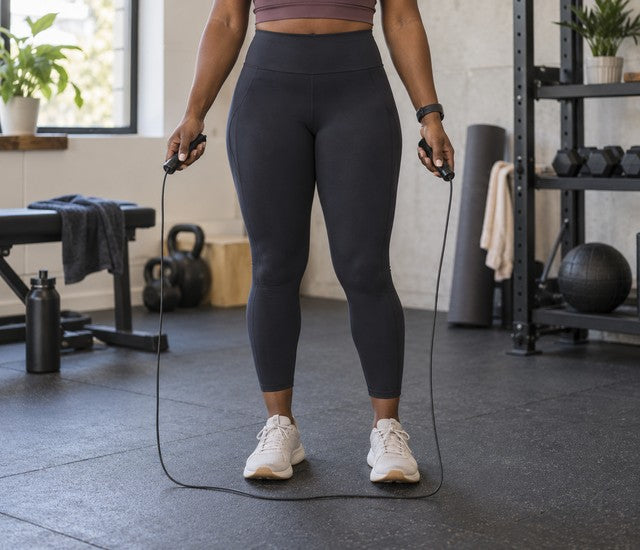 Athlete holding jump rope handles with the rope resting on the floor