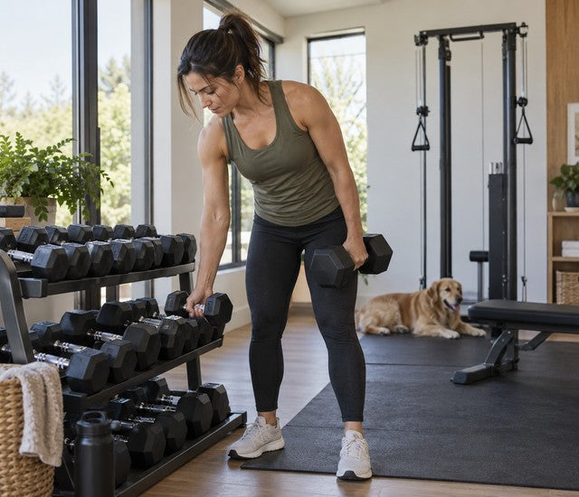 Athlete selecting dumbbells for different repetition ranges in a home gym