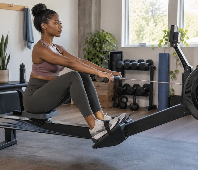 Athlete seated at the recovery phase of a rowing erg stroke