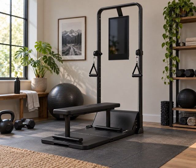Speediance Gym Monster 2 with cable handles and bench in a home gym