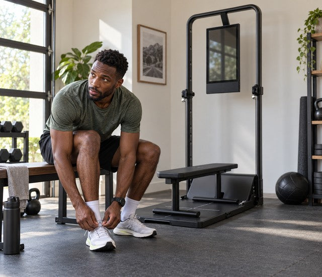 Race athlete tying running shoes beside a Speediance Gym Monster 2