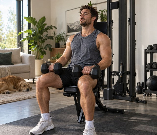 Athlete resting seated with dumbbells after a challenging strength training set