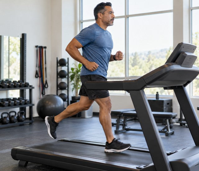 Athlete running at a controlled pace on a treadmill