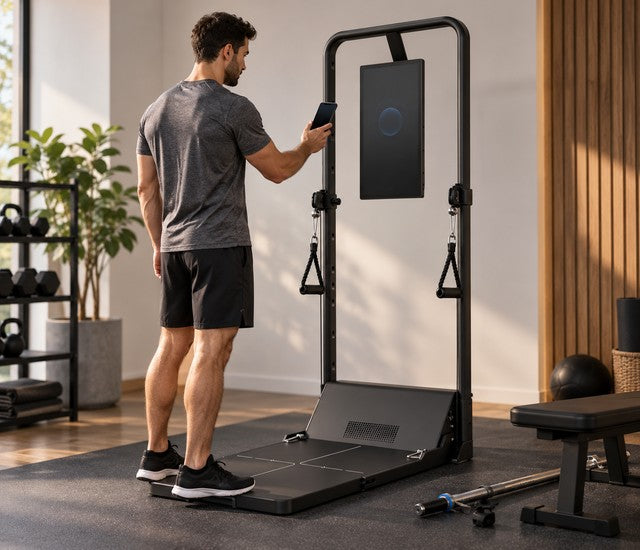 User checking a smartphone near a Speediance Gym Monster 2 screen for Bluetooth pairing