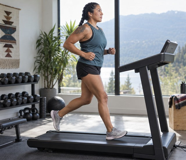 Athlete running steadily on a treadmill during fitness race endurance training