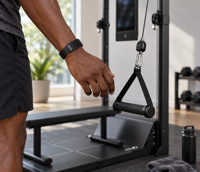 Fitness watch and cable handle beside a Speediance Gym Monster 2