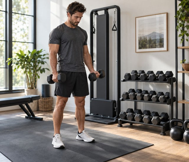 Athlete preparing dumbbell curls as part of a weekly strength routine