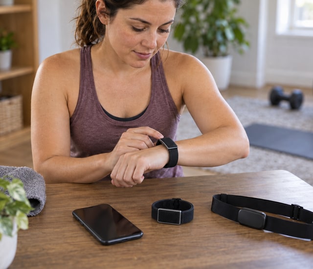 Adult comparing a wrist tracker with other fitness sensors on a table