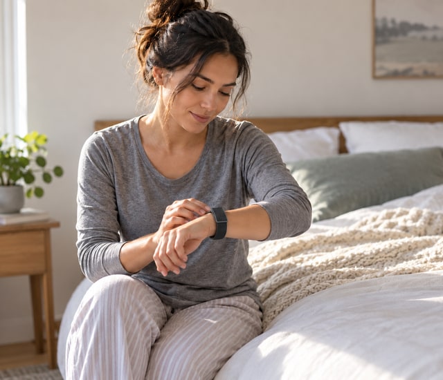 Adult checking a wrist tracker beside a bed