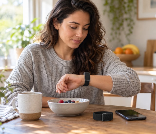 Adult checking a wrist band at a breakfast table