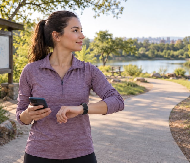 Walker wearing a screen-free wrist tracker and holding a phone beside an outdoor path