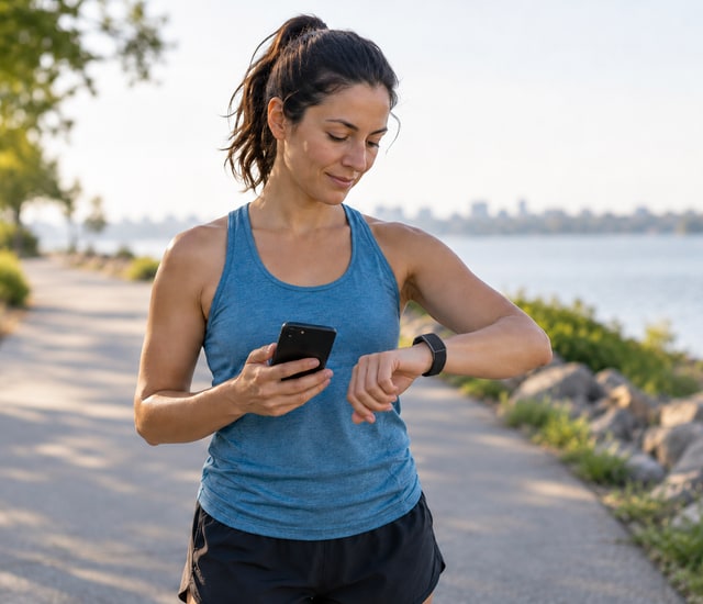 Runner wearing a screen-free wrist tracker and holding a phone beside an outdoor path