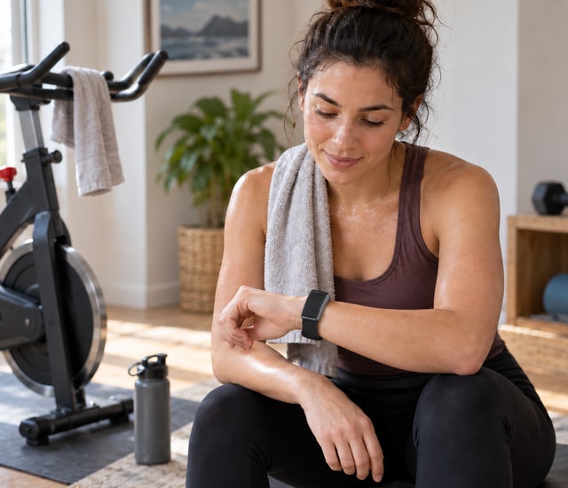 Adult reviewing a wrist band after an indoor exercise session
