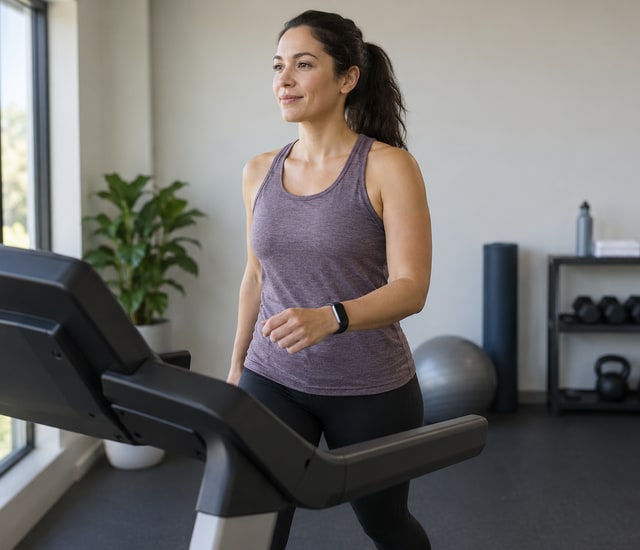 Adult wearing a slim wrist tracker on a treadmill