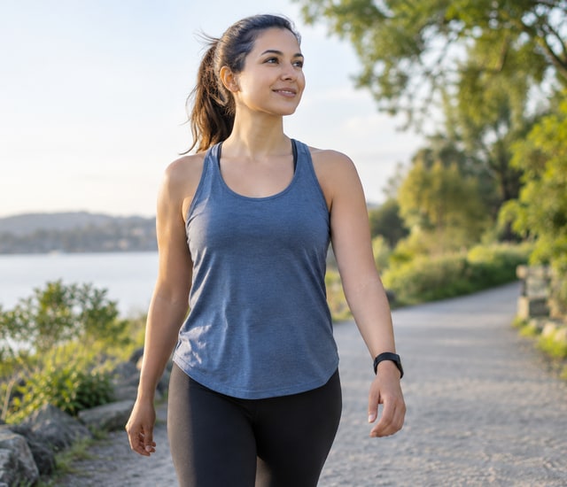 Walker wearing a slim wrist tracker on a short outdoor path