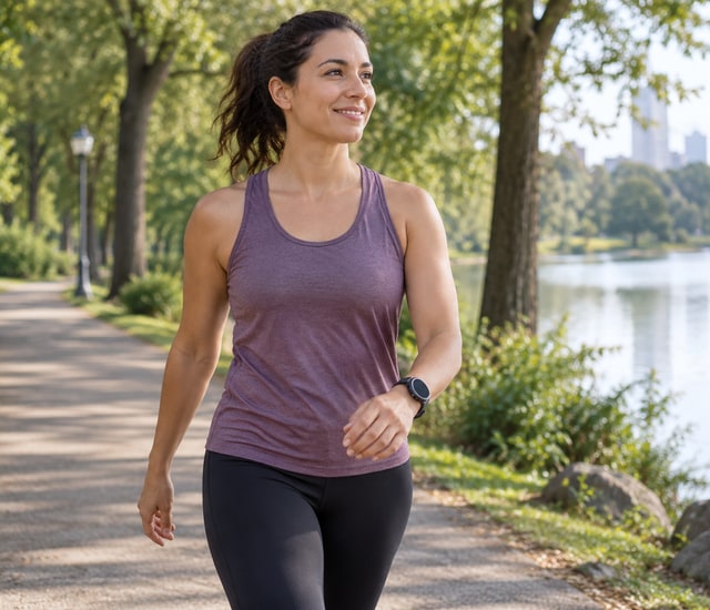 Walker wearing a round sports watch on an outdoor path