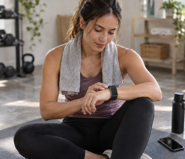 Adult wearing a screen-free wrist tracker after an indoor workout