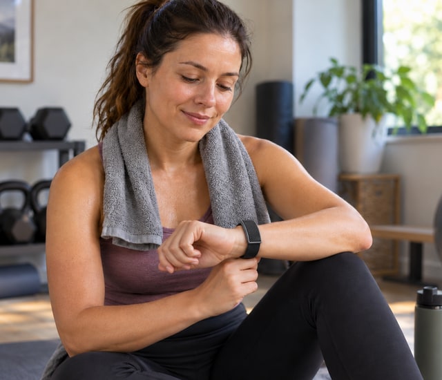 Adult wearing a slim wrist band during a home exercise session